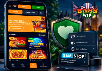 Basswin screen with protective heart and responsible gambling and GamStop theme.