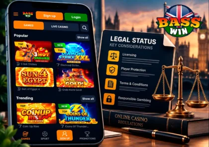 Basswin on mobile with legal review symbols for UK player access and status.
