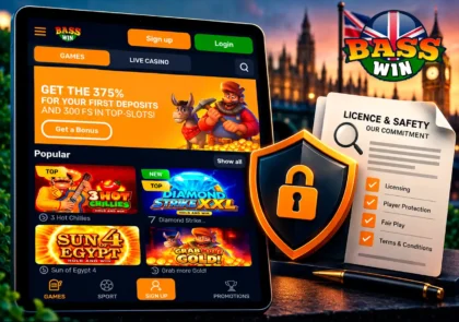 Real Basswin page on tablet with safety shield and licence review document.
